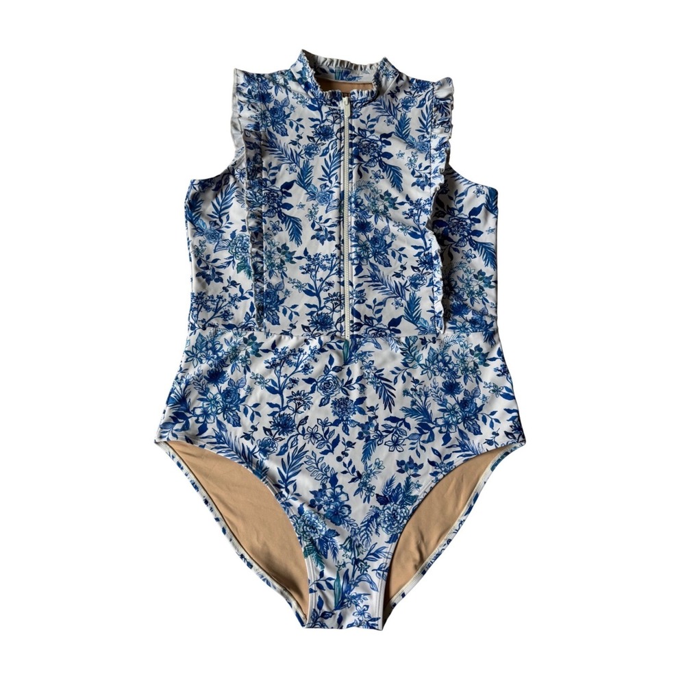 Mott50 Swimsuit Floral Ruffle One Piece Blueberry Fields Blue White XL - Picture 3 of 8